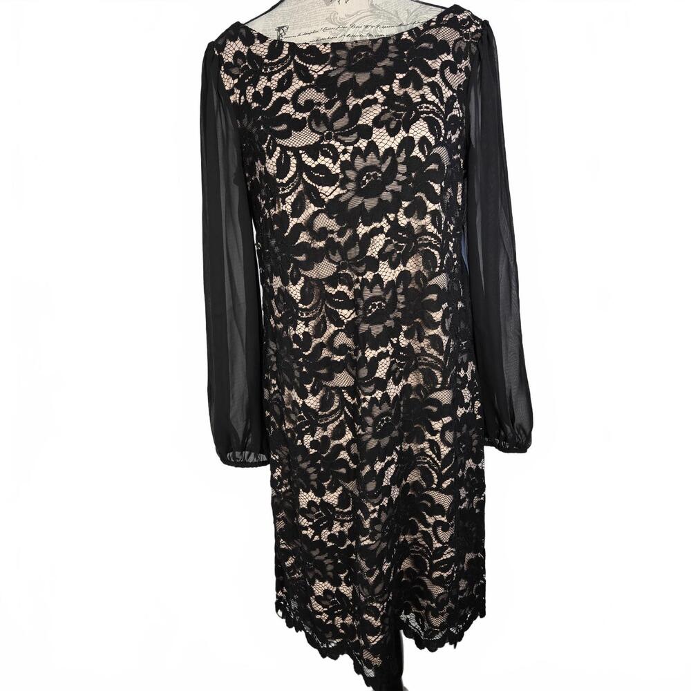 Jessica Howard JH Women's Size 10 Black Lace Shift Dress Lined Sheer Sleeves NWT
